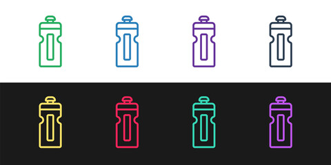 Set line Fitness shaker icon isolated on black and white background. Sports shaker bottle with lid for water and protein cocktails. Vector