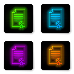 Glowing neon line House contract icon isolated on white background. Contract creation service, document formation, application form composition. Black square button. Vector