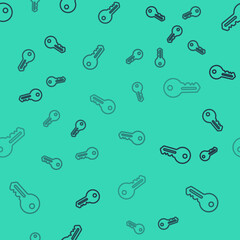 Black line House key icon isolated seamless pattern on green background. Vector