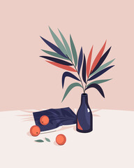 Vector illustration of still life with bottle with palm leaves, book and tangerines