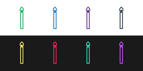Set line Burning candle icon isolated on black and white background. Cylindrical candle stick with burning flame. Vector
