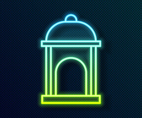 Glowing neon line Muslim Mosque icon isolated on black background. Vector