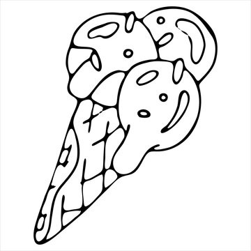 delicious refreshing waffle cone with ice cream with sprinkles and syrup, vector doodle element, coloring book
