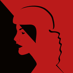 Woman portrait black and red. Surreal contemporary portrait. Girl face side view. Modern vector illustration