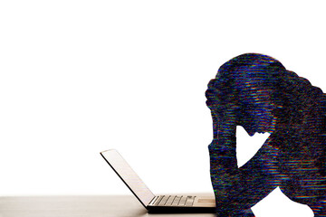 Double exposure silhouette. Overwork burnout. Blue digital glitch in dark contrast profile outline...