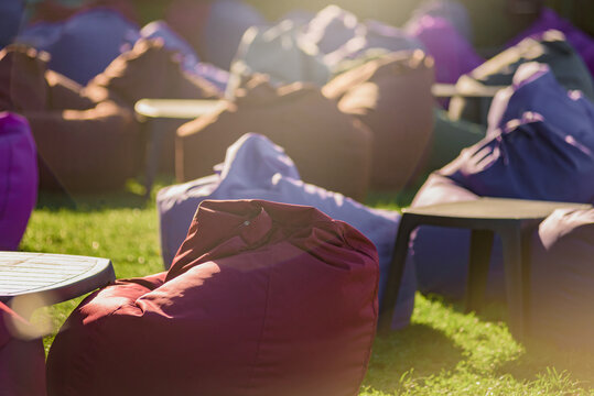 Colorful Bean Bag Chairs To Relax Outdoor Placed Due To Social Distancing During Coronavirus Pandemic