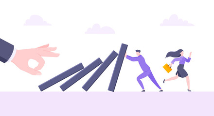 Business resilience or domino effect metaphor vector illustration. Giant hand starts chain reaction of falling domino line and businessman trying to stop it. Problem solving stopping chain reaction.