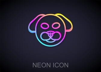 Glowing neon line Dog icon isolated on black background. Vector