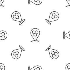 Grey line Honeycomb bee location map pin pointer icon isolated seamless pattern on white background. Farm animal map pointer. Vector