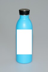 thermal stainless steel bottle blue with black bung design template of packaging mockup on grey background