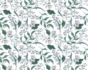 Watercolor painting seamless pattern with white and blue  flowers