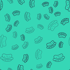 Black line Hotdog sandwich icon isolated seamless pattern on green background. Sausage icon. Fast food sign. Vector