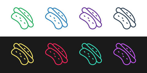 Set line Hotdog sandwich icon isolated on black and white background. Sausage icon. Fast food sign. Vector