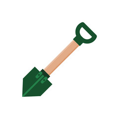 Small green spade or shovel with wooden handle. Gardening, camping or outdoor tool. Digging dirt equipment. Survival in nature gear. Short portable camp shovel. Vector illustration, flat, clip art