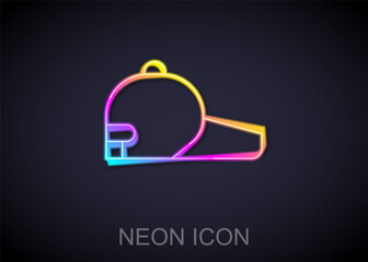 Glowing neon line Baseball cap icon isolated on black background. Sport equipment. Sports uniform. Vector