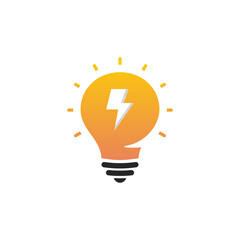 New idea symbol, flat bright cartoon bulb. Idea icon, circle logo, Stylized sign of vector lightbulbs, white and orange color logotype