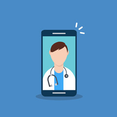 Telemedicine, smart phone with doctor on screen.