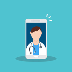 Telemedicine, smart phone with doctor on screen.
