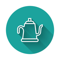 White line Watering can icon isolated with long shadow background. Irrigation symbol. Green circle button. Vector