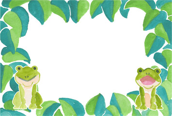 カエルと葉っぱの水彩フレーム