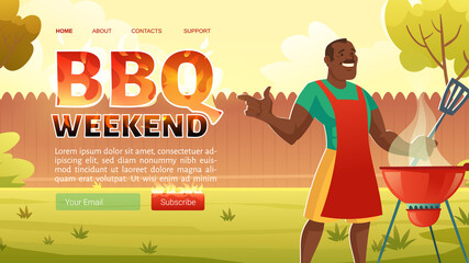BBQ weekend cartoon landing page with african american man in apron cooking on grill machine. Barbecue picnic on summer lawn in park or garden, invitation for outdoor backyard party, Vector web banner