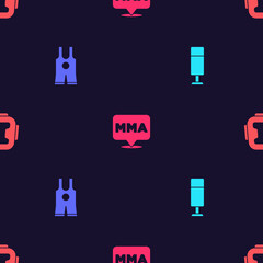 Set Punching bag, Wrestling singlet, Fight club MMA and Boxing helmet on seamless pattern. Vector