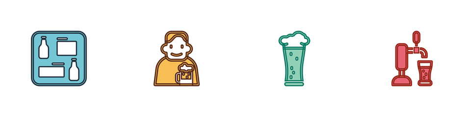Set Beer menu, Happy man with beer, Glass of and tap glass icon. Vector