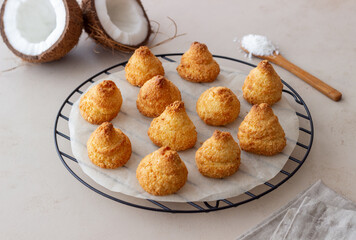 Coconut cookies on a beige background. Baking. Vegetarian food.