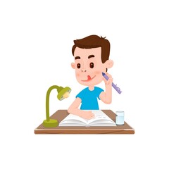 Boy writes in a notebook, flat style, cartoon character.