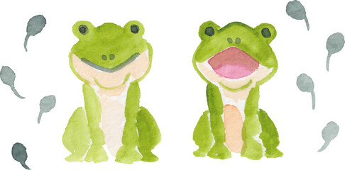 水彩画のカエルとオタマジャクシ