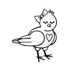 Naklejka premium Cute bird girl with a bow and a heart sign on her chest. Vector hand-drawn illustration of a sparrow in the doodle style, isolated. A declaration of love. For postcards, stickers, For Valentine's Day.