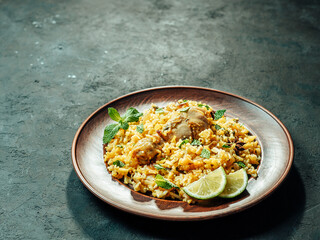 Pakistani food - biryani rice with chicken on plate. Delicious hyberabadi chicken biryani on dark background. Copy space for text or design