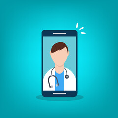 Telemedicine, smart phone with doctor on screen.