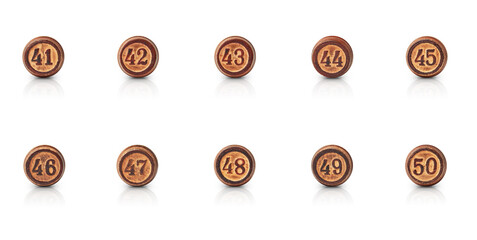 the numbers from forty-one to fifty carved in round pieces of wood are isolated on a white background with shadow and reflection