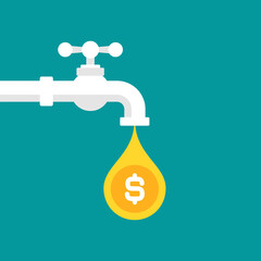 Tap or faucet with golden dollar coins. Money resource, passive income concept.
