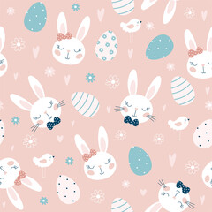 Seamless pattern with Easter eggs and rabbits, flowers. For Easter. Vector
