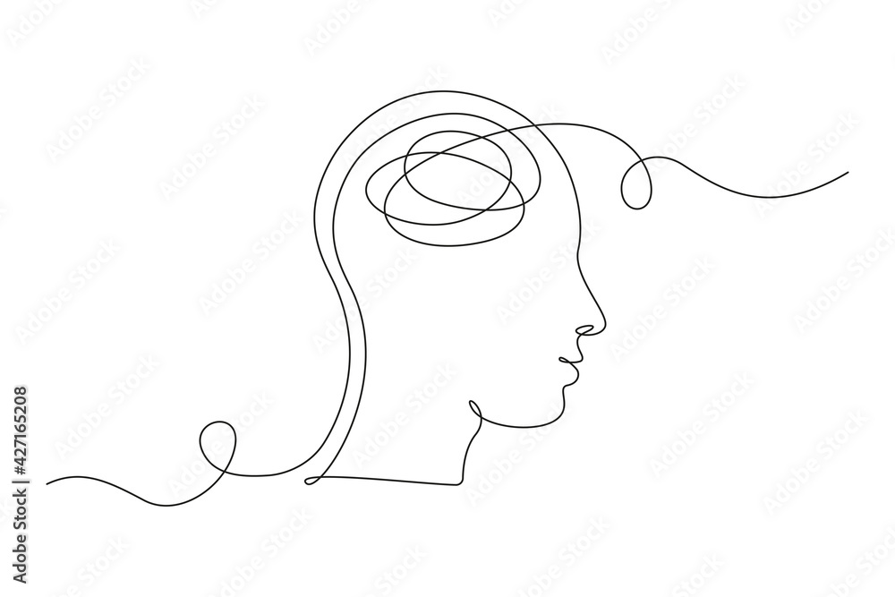 Poster continuous one line drawing of a person with confused feelings worried about bad mental health. prob