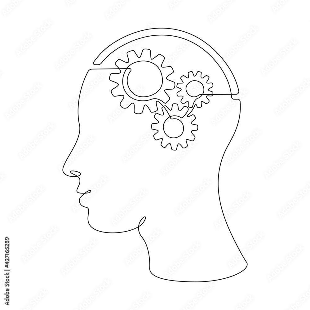 Aufkleber Cog wheels in head in One single Line drawing for logo, emblem, web banner, presentation. Continuous lineart concept of creativity mind. Simple Vector illustration
