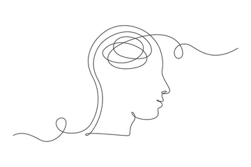 Fototapete Eine Linie Kontinuierliche einzeilige Zeichnung einer Person mit verwirrten Gefühlen, die sich Sorgen um eine schlechte psychische Gesundheit machen. Probleme, Misserfolg und Trauerkonzept. Lineart-Vektor-Illustration