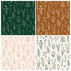 Wildflower seamless pattern set with outline florals. Retro style print design collection with hand drawn flowers in rustic colors. Simple field floral patterns for packaging, fabric design