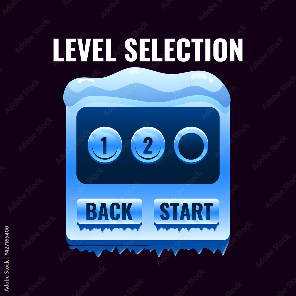 Poster winter ice game ui level selection interface. perfect for 2d games vector illustration