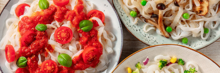 Konjac pasta panorama. Fettuccine with various vegetables and sauces