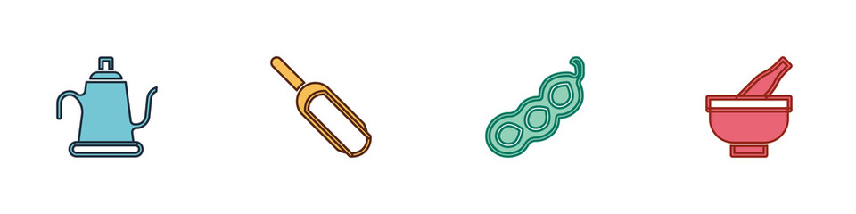 Set Watering can, Scoop flour, Green peas and Mortar and pestle icon. Vector