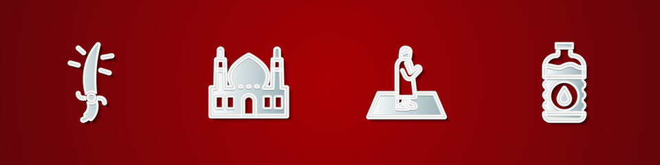 Set Arabian saber, Muslim Mosque, man prays and Bottle of water icon. Vector