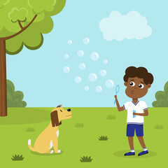 Obraz na płótnie Canvas Kid with a bottle of soap bubbles outside and a dog looking at him. Cute boy blowing bubbles on a green lawn. Happy childhood concept. Summer activities. Isolated flat vector illustration.