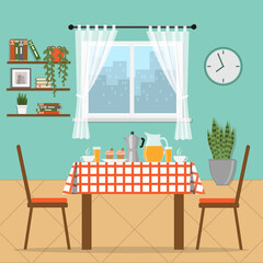 Table covered with a tablecloth and breakfast on it. Breakfast at home. Cozy room with shelves, plants and food on table for two. Flat vector illustration.