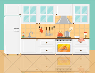 Cozy kitchen with white furniture, glass cupboard, refrigerator and food on gas stove and inside the oven. Kitchen interior with glazy floor. Flat vector illustration.