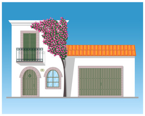 Typical white Mediterranean house with garage and bougainvillea tree in blossom. Isolated vector illustration on blue background.