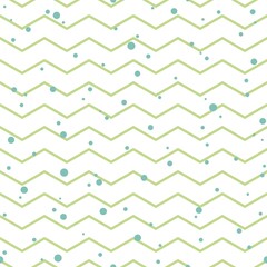 Seamless abstract pattern with green zigzag lines and blue dots or circles