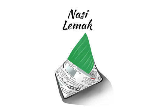 Illustration of Nasi Lemak, a favorite food of Malaysians wrapped in banana leaves and newspaper